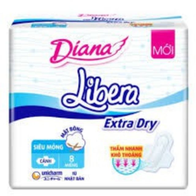 Băng Vệ Sinh Diana Libera Extra Dry Mặt Bông Siêu Mỏng Cánh (Gói 8 Miếng)