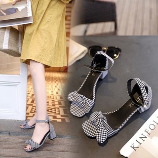 Giày cao gót đế vuông quai ngang thắt nơ đáng yêu cho nữ