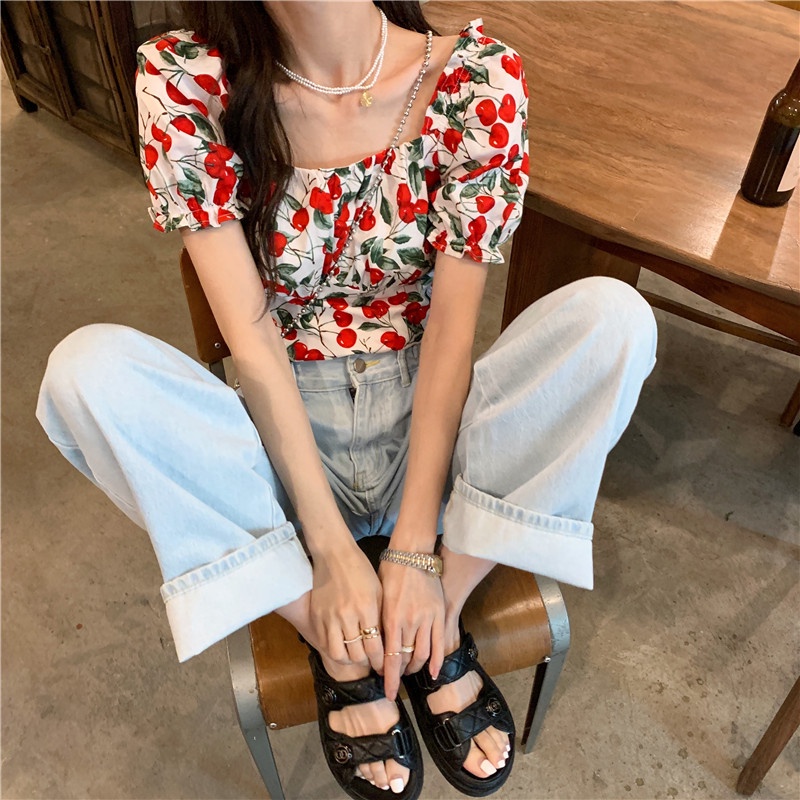 Áo Kiểu Cổ Vuông Hở Lưng Tay Ngắn In Họa Tiết Hoa Thời Trang Mùa Hè Xinh Xắn Cho Nữ