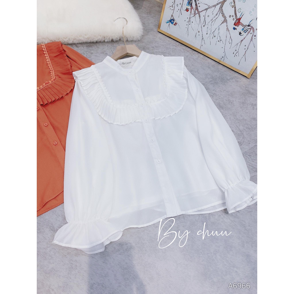 Áo sơ mi nữ cổ trụ vạt vuông bèo tay phồng CHUU A6966