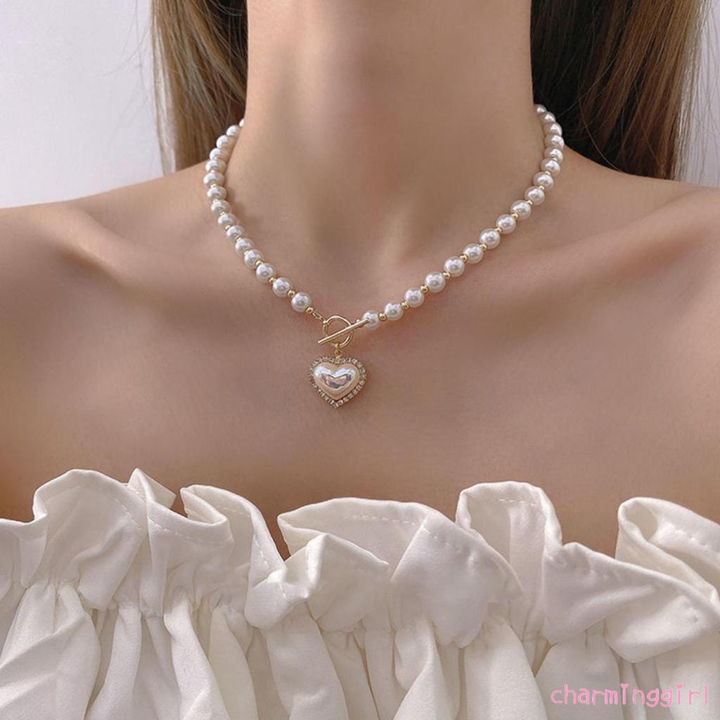 Vòng cổ Mặt Trái Tim Đính Đá Và Ngọc Trai Nhân Tạo Thời Trang