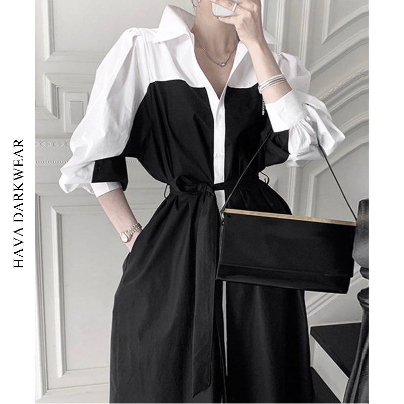 Váy sơ mi đen phối tay trắng dáng suông rộng chất kaki thô V94