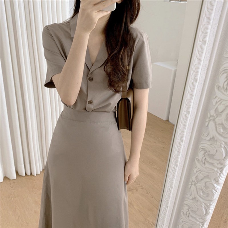 Áo sơ mi cổ Vest Phong cách Hàn Quốc + Chân váy Midi dài Lưng cao Ulzzang Thời trang Kiểu dáng Pháp