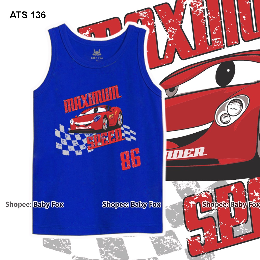 Áo sát nách bé trai 100% cotton loại tốt, thương hiệu BABY FOX, hình xe hơi, size nhỏ, trung, đại d