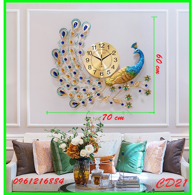 Đồng hồ treo tường trang trí decor chim công CD21 Khổng Tước xanh kích thước 70 x 65 cm