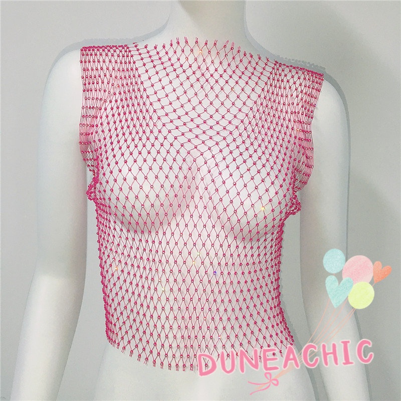 DUNEA Áo hai dây phối lưới lấp lánh quyến rũ cho nữ