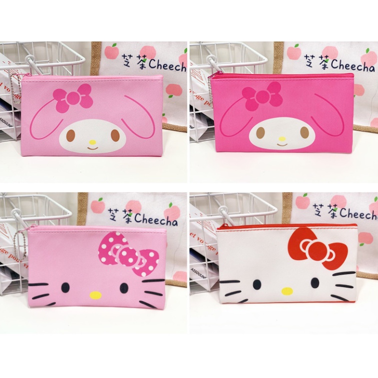 Ví đựng bút XIAODUOJIAJU da pu in hình mèo hello kitty có khóa kéo tiện dụng