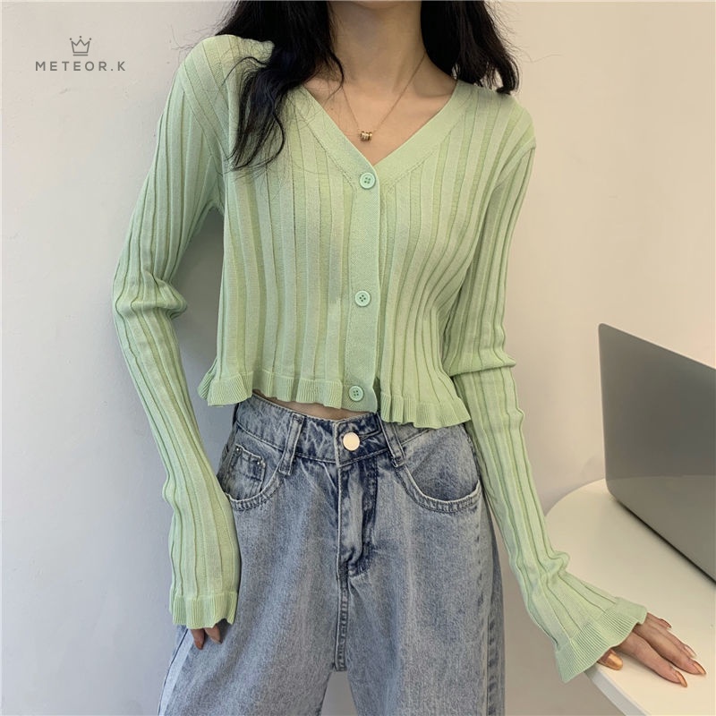 Áo Cardigan Dệt Kim Tay Dài Chất Liệu Lụa Lạnh Mỏng 2021