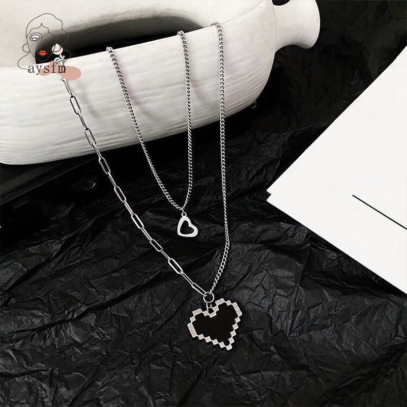 Vòng cổ Hai Lớp Bằng Thép Titan Màu Đen Mặt Trái Tim Phong Cách Hip Hop Hàn Quốc Cho Nữ