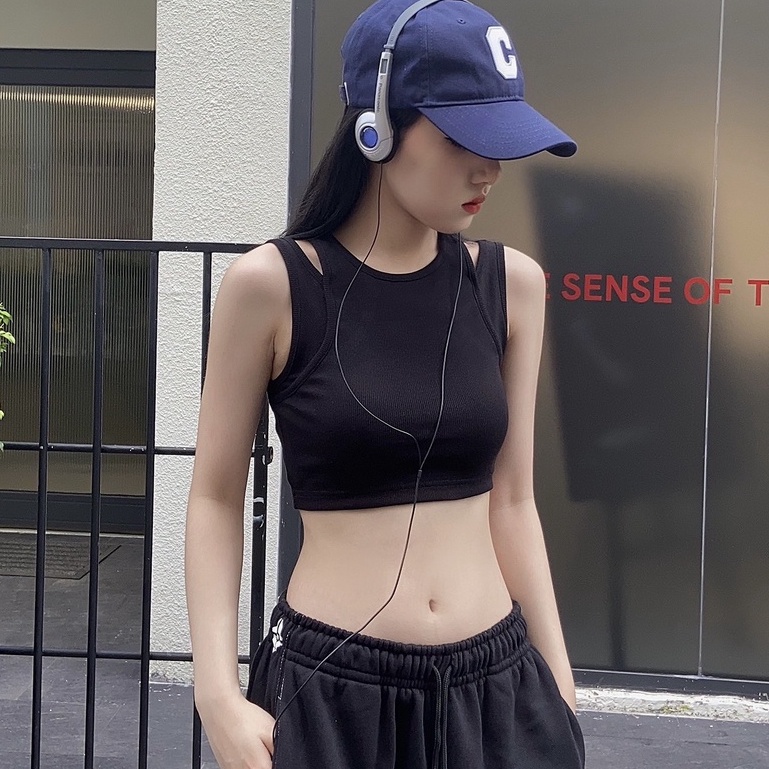Áo ba lỗ khoét vai, croptop trơn giả hai áo, màu đen thun gân co giãn Kill System