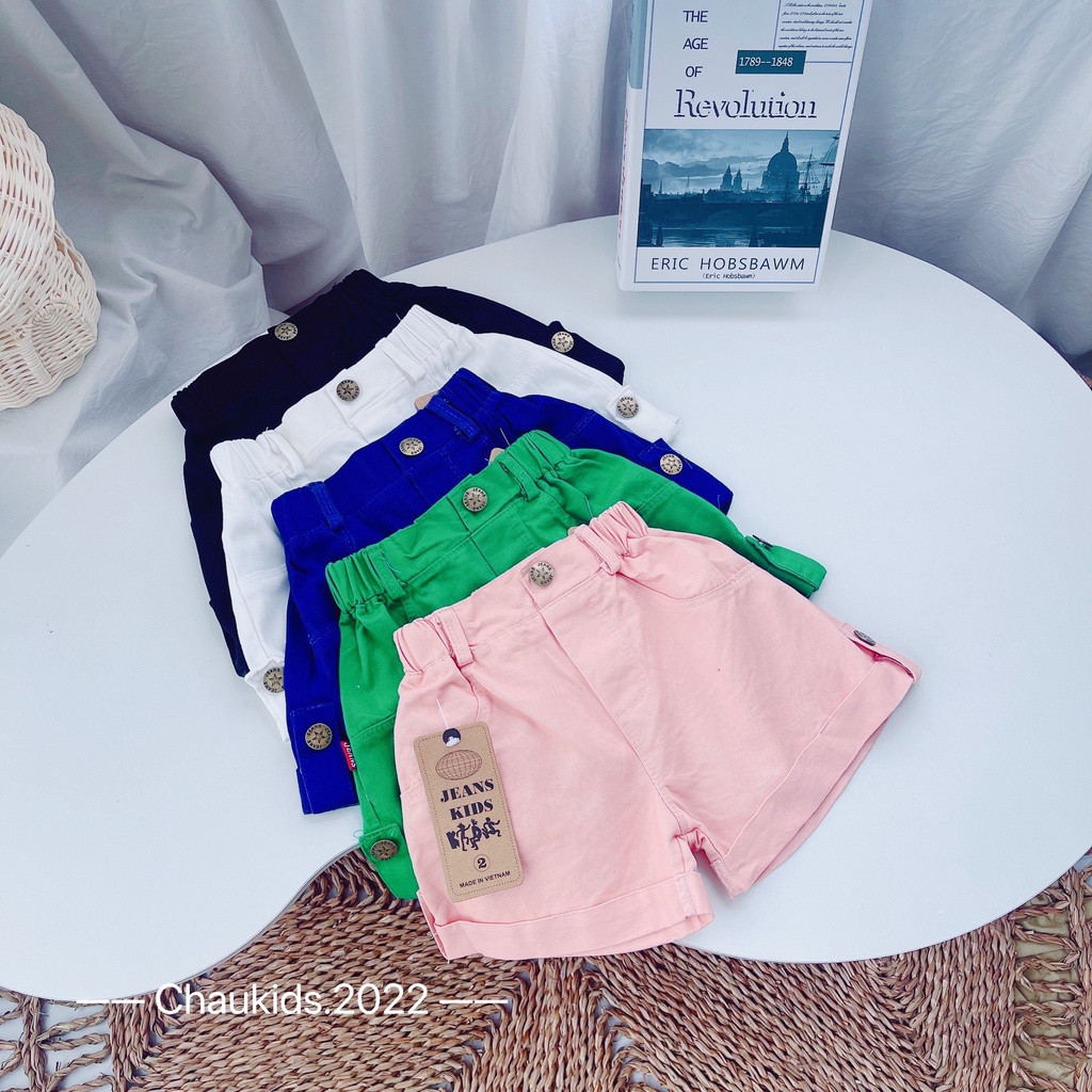 Quần đùi bé gái, quần short kaki gập gấu đai đính cúc siêu xinh cho bé size 20-30kg
