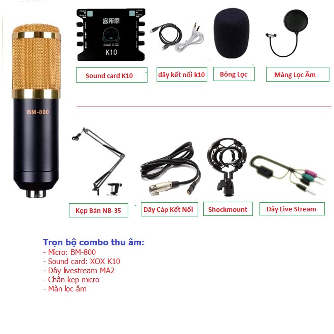 COMBO trọn bộ Micro BM800 sound card K10 Dây live stream chân kẹp