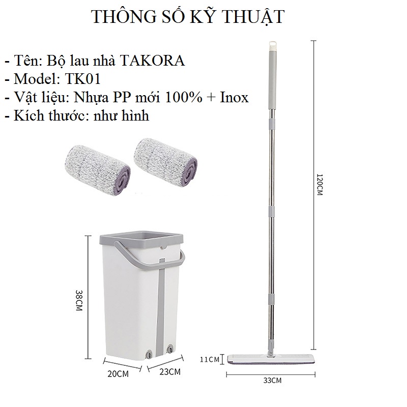 Cây lau nhà tự vắt thông minh 360 độ chính hãng TAKORA, Bộ chỗi lau nhà 2 ngăn đa năng cao cấp