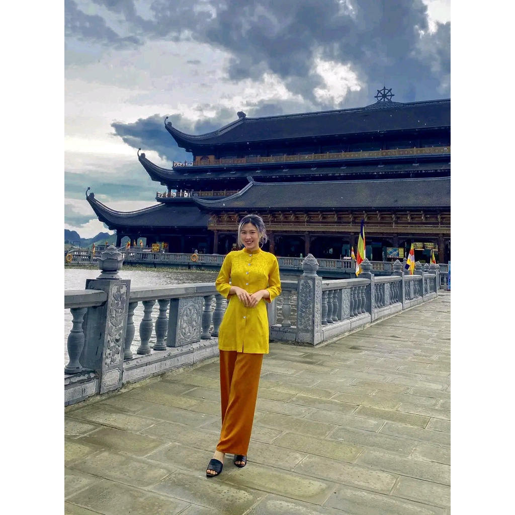 Áo bà ba lụa gấm vân cao cấp đi lễ chùa thiết kế cách tân đồ lam truyền thống hàng loại 1 kèm quần may sẵn