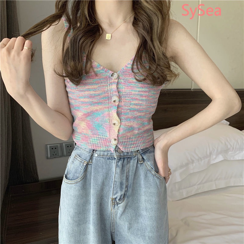 Áo Croptop Dệt Kim Sát Nách Màu Cầu Vồng Thời Trang Mùa Hè Cho Nữ