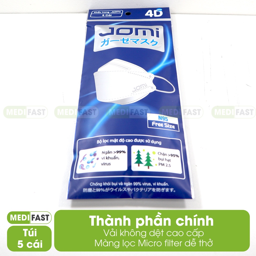 Khẩu trang 4D Jomi  Lọc khói bụi mịn với màng lọc Meltblown, kháng khuẩn tốt, dây co giãn túi 5 chiếc màu trắng