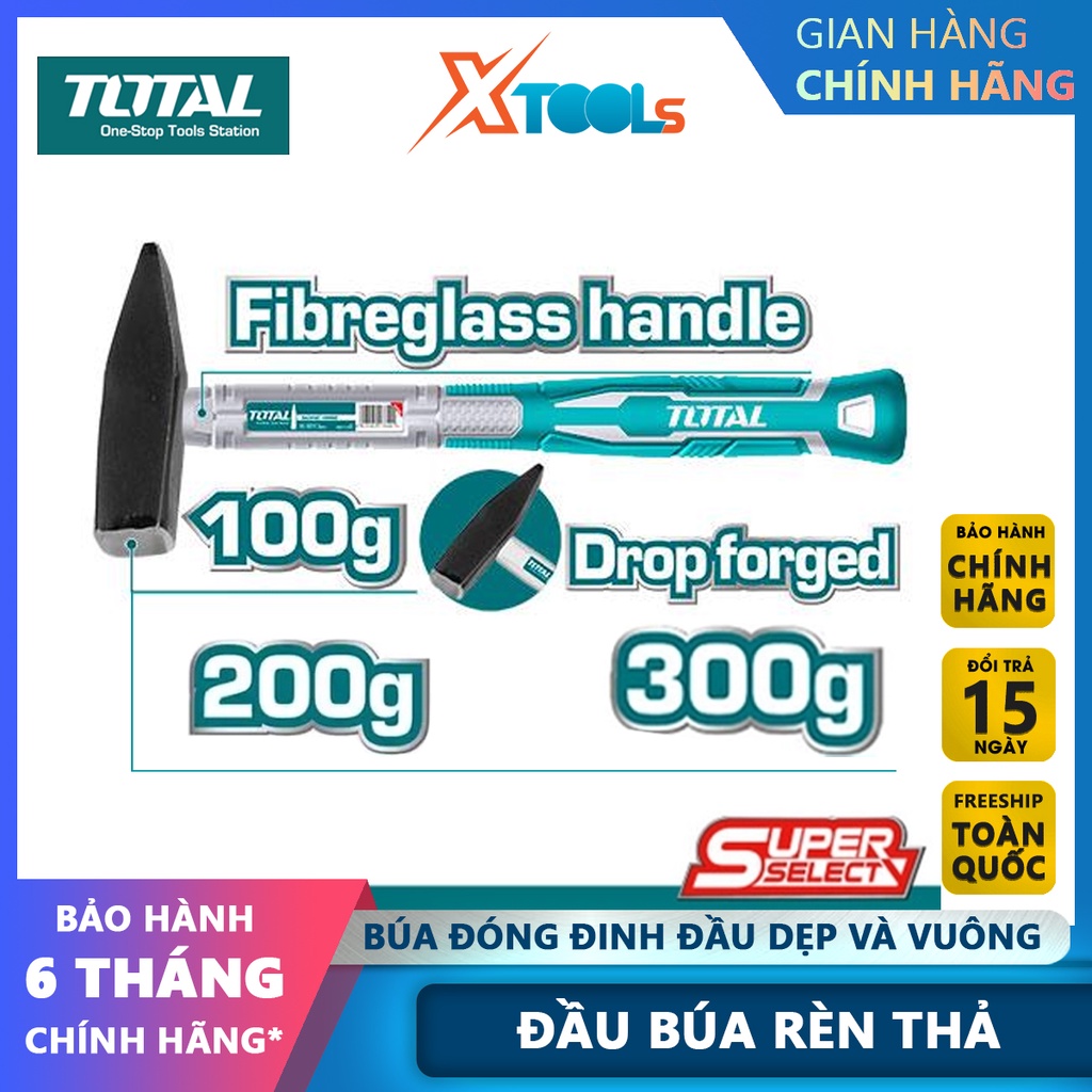 Búa đóng đinh đầu dẹp và vuông TOTAL đầu búa nặng 100-300g, thép carbon 45 rèn thả cứng cáp độ bền cao-CHÍNH HÃNG-XTOOLS
