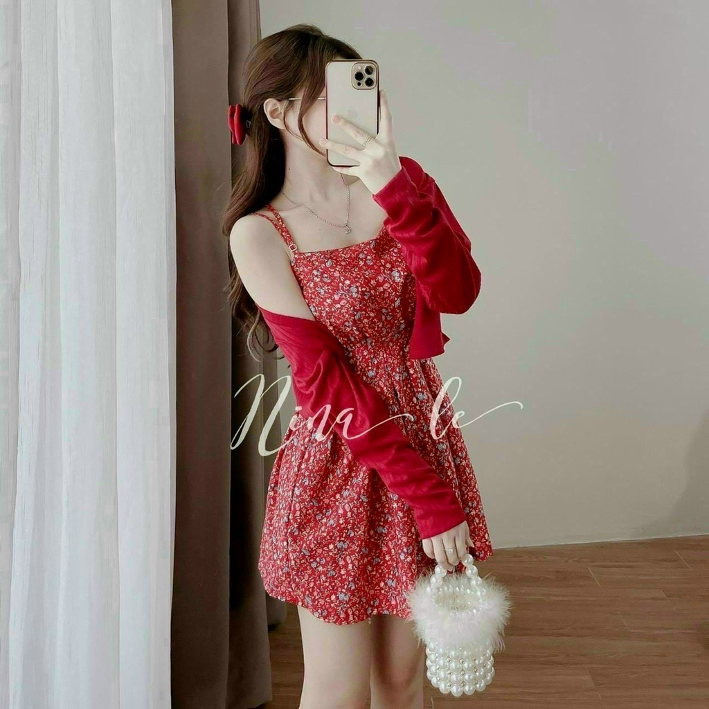 Đầm Nữ Thời Trang Mặc Đi Chơi, Đầm Lụa Hoa Đỏ Hai Dây Xếp Ly Có Mút Kèm Áo Khoác Gân Xinh Xắn