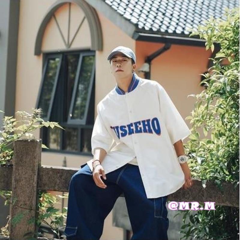 Áo sơ mi nam tay ngắn Áo bóng chày tay ngắn của Mỹ Áo sơ mi ngắn tay Unisex