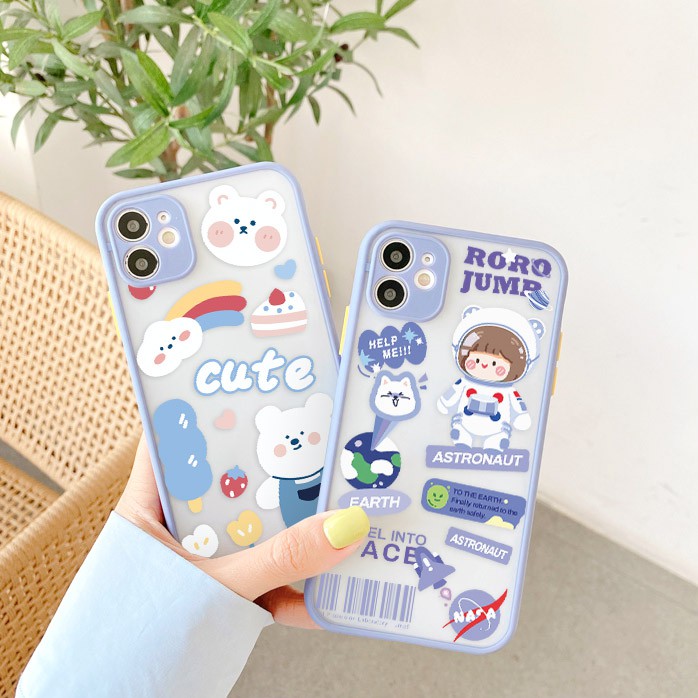 Ốp lưng iphone Roro &amp; White Bear nhám viền nổi cong 6/6plus/6s/6splus/7/7plus/8/8plus/x/xr/xs/11/12/pro/max/plus/pro