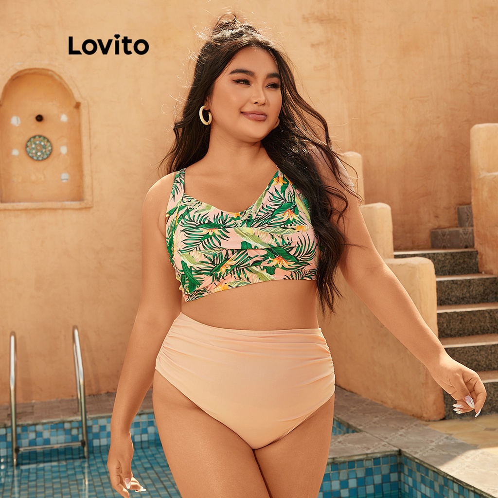 Bộ bikini Lovito họa tiết hoa đường chéo phong cách thường ngày có đệm đệm ngực tháo rời cho nữ LPS03008 (nhiều màu sắc)