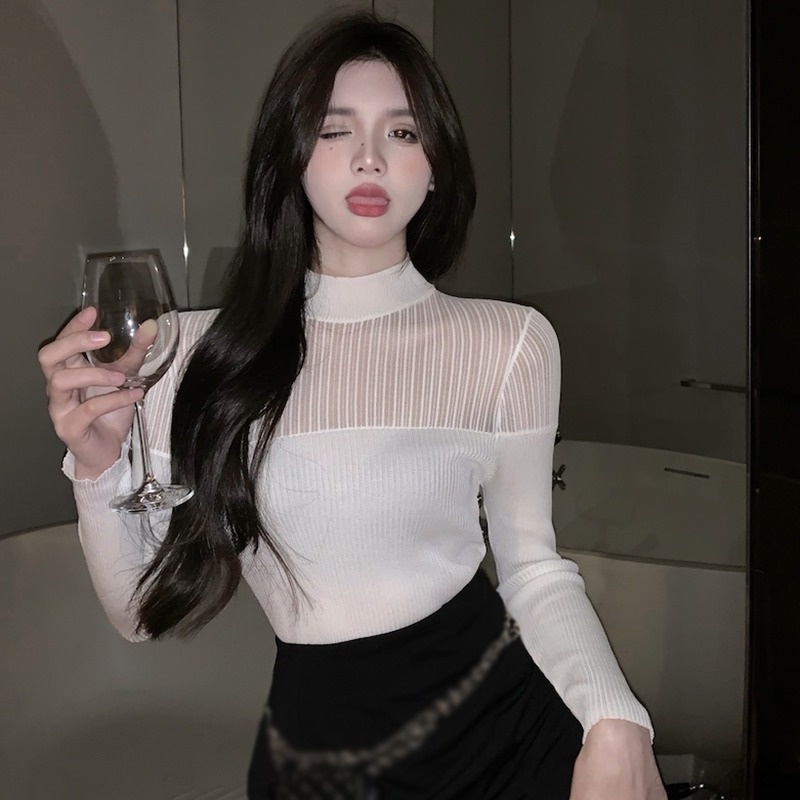 Áo Croptop Tay Dài Cổ Lọ Phối Màu Thời Trang Cho Nữ