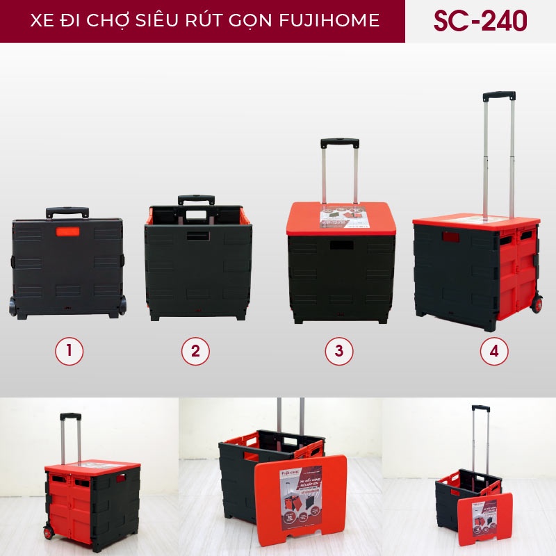 Xe đẩy hàng gấp gọn đi chợ siêu thị mini 2 bánh FUJIHOME SC-240, Chính hãng bảo hành 1 năm