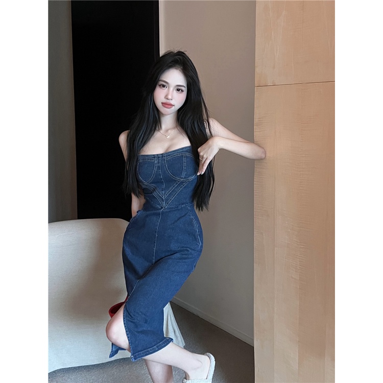 Đầm denim Hai Dây Màu Xanh Dương Phong Cách retro Quyến Rũ Thời Trang Mùa Hè