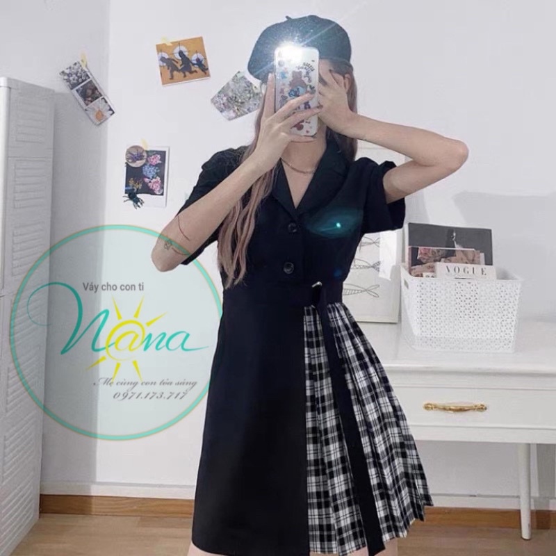 Đầm cho con bú sau sinh cổ vest màu đen, váy cho con ti trẻ trung