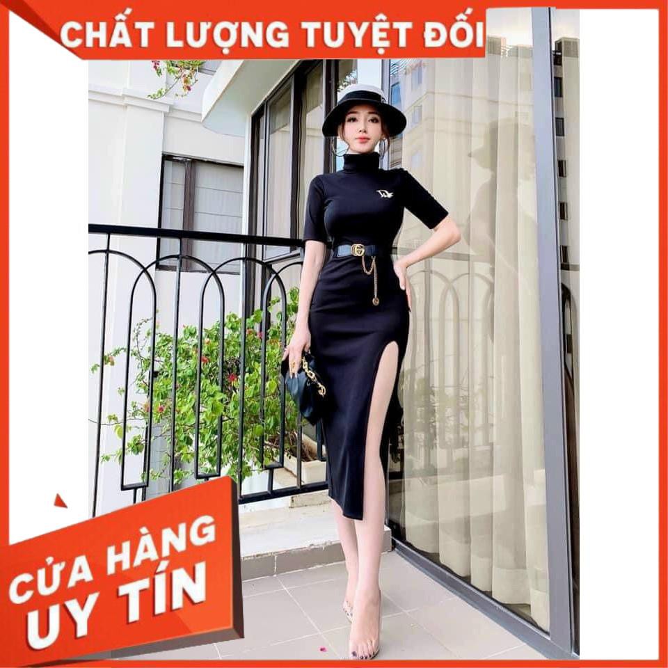 Váy body cổ lọ xẻ đùi tay cộc, Đầm body cổ lọ, Đầm body cổ lọ xẻ tà
