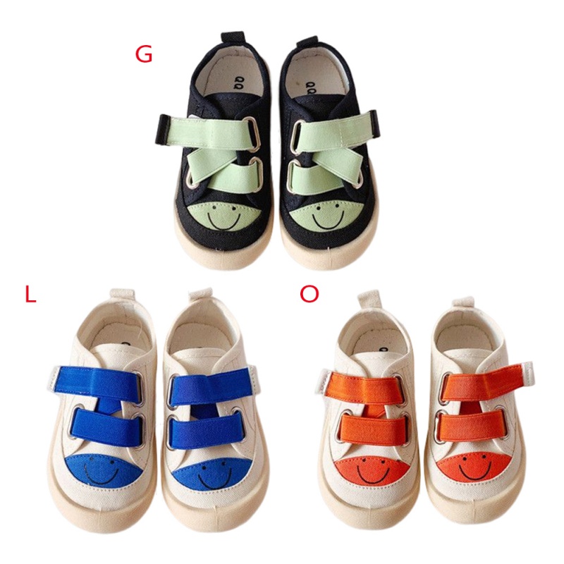 Giày Vải Canvas Cổ Thấp Quai Dán Họa Tiết Mặt Cười Hoạt Hình Phối Màu Dễ Thương Cho Bé