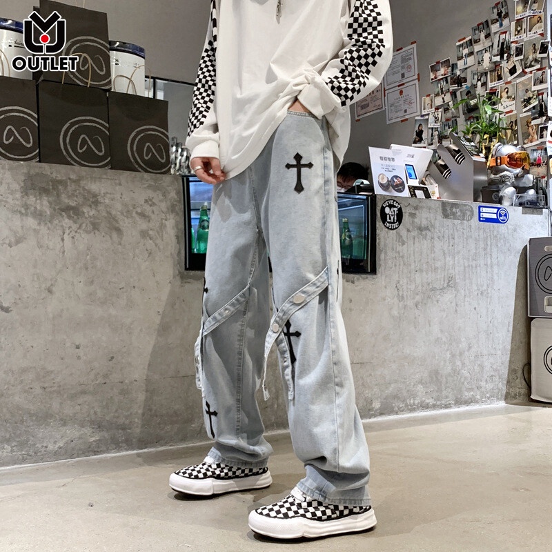 Quần jean AOKANG màu đen dáng suông buộc dây cá tính thời trang dành cho nam