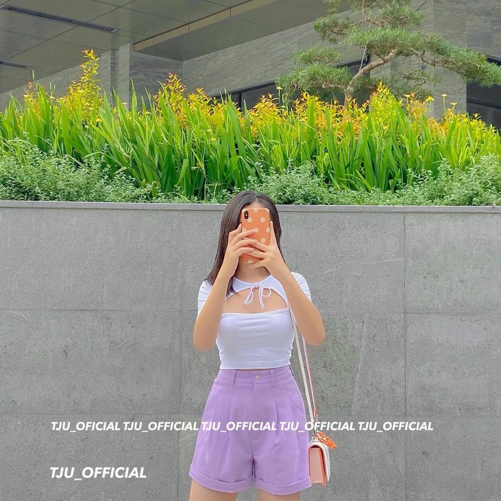 SET QUẦN SOOC ĐÙI KAKI TÍM MIX ÁO KIỂU BUỘC NƠ CỔ XẺ NGỰC BODY TRẮNG