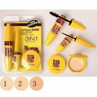 Bộ trang điểm 3in1 gồm: chuốt mi + bút kẻ mắt + phấn nền trang điểm