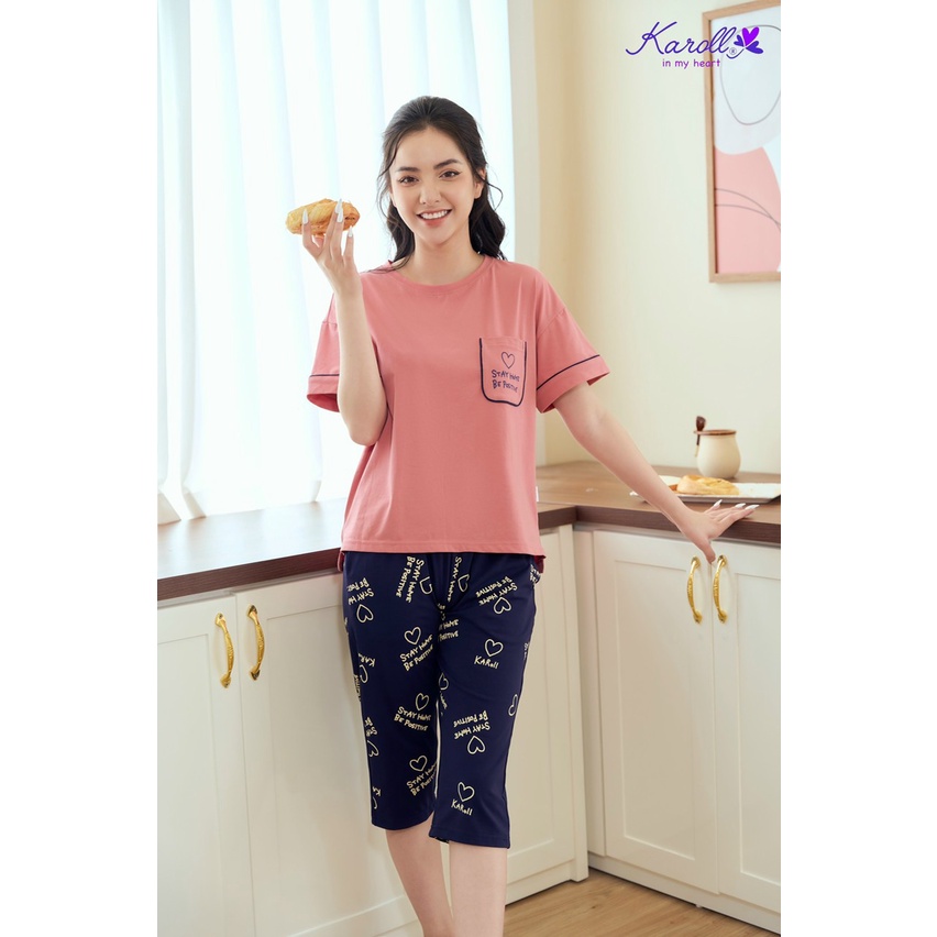 Bộ đồ mặc nhà Cotton Karoll, set đồ ngủ mặc ở nhà cao cấp dáng áo cộc quần ngố họa tiết trái tim trẻ trung năng động