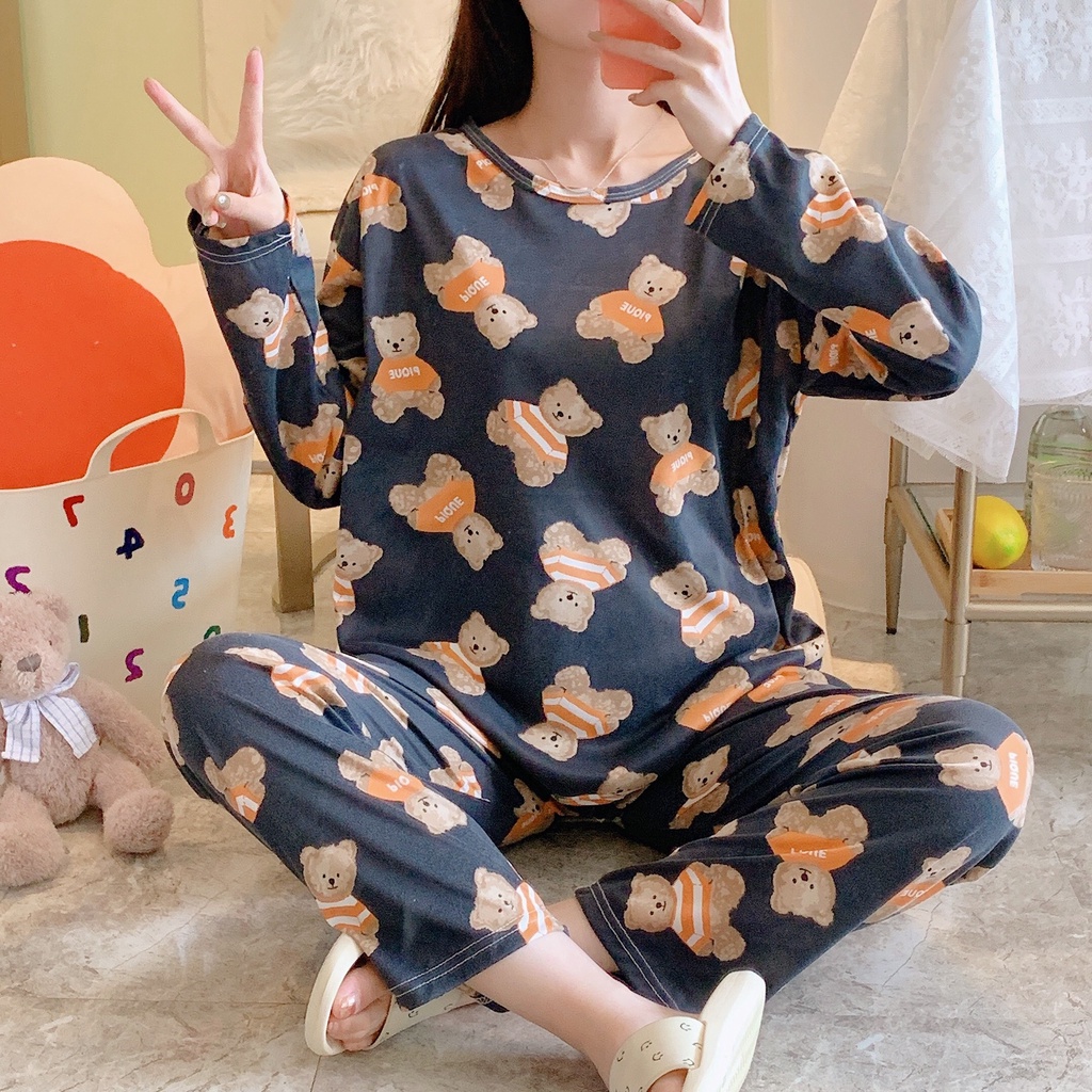 Set ulzzang đồ ngủ thun dài tay gấu Pique DN135 (có ảnh thật)
