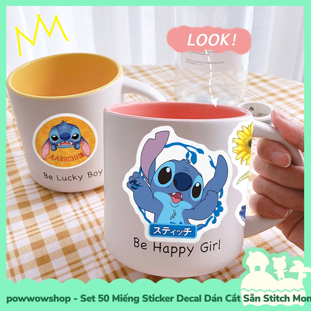 [Sẵn VN - Hỏa Tốc] Set 50 Miếng Sticker Decal Cắt Sẵn DIY Dán Trang Trí Vật Dụng Mẫu Stitch Monster Lovely Pink Blue