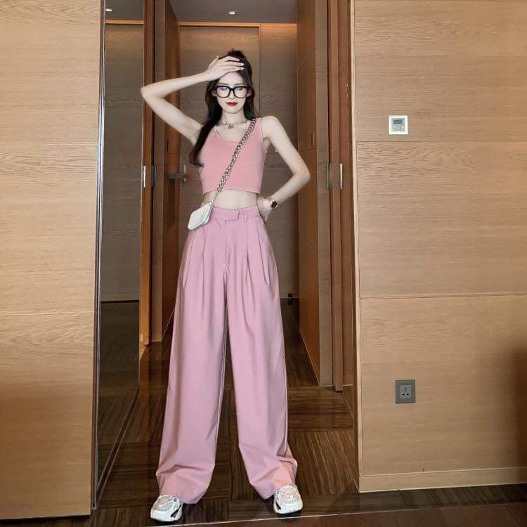 Quần Suông From Dài Lưng Cao Xếp Ly Màu Xanh Cổ Vịt