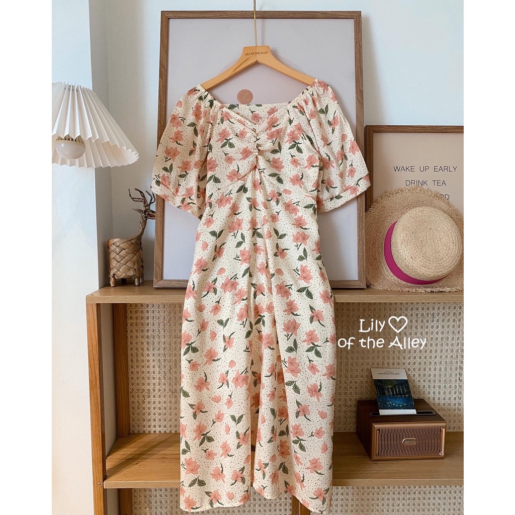 Váy maxi hoa nhún ngực Lily phong cách ulzzang Hàn Quốc