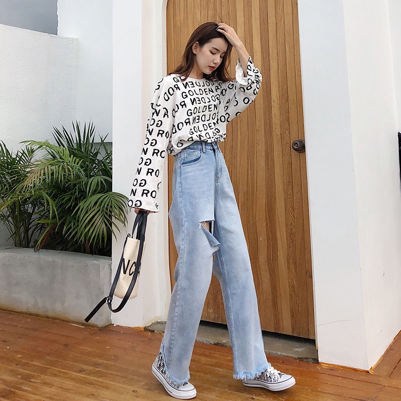 Quần jeans Nữ Dài Lưng Cao Dáng Rộng Thời Trang Cá Tính