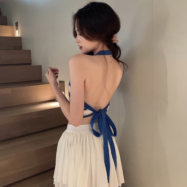 Áo cổ yếm ZHELIHANGFEI dệt kim dáng ngắn thời trang mùa hè 2022 cho nữ