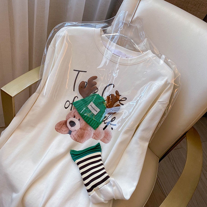 Áo Thun Tay Dài Cổ Tròn Dáng Rộng In Họa Tiết Hoạt Hình Dễ Thương Cho Nữ