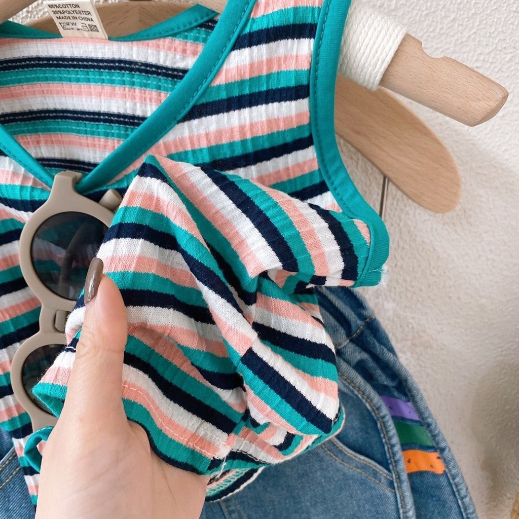 Set Áo Hai Dây Họa Tiết Kẻ Sọc Và Quần Short Denim Phong Cách Hàn Quốc Thời Trang Mùa Hè Cho Bé Gái