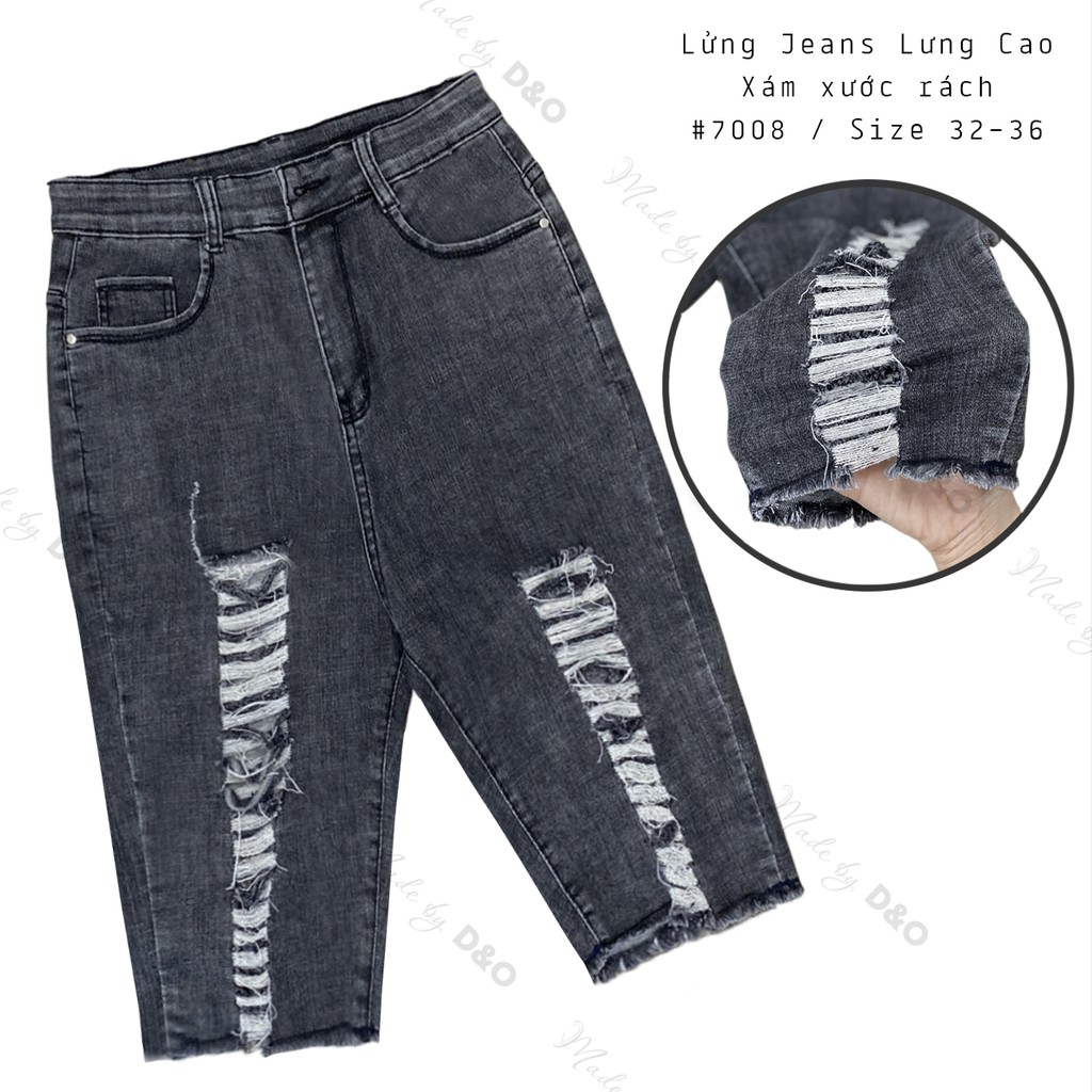[Bigsize 32-36] Quần Ngố Jeans Xám Xước Rách Te Tua 7008, Lưng Siêu Cao, Co Giãn Mạnh