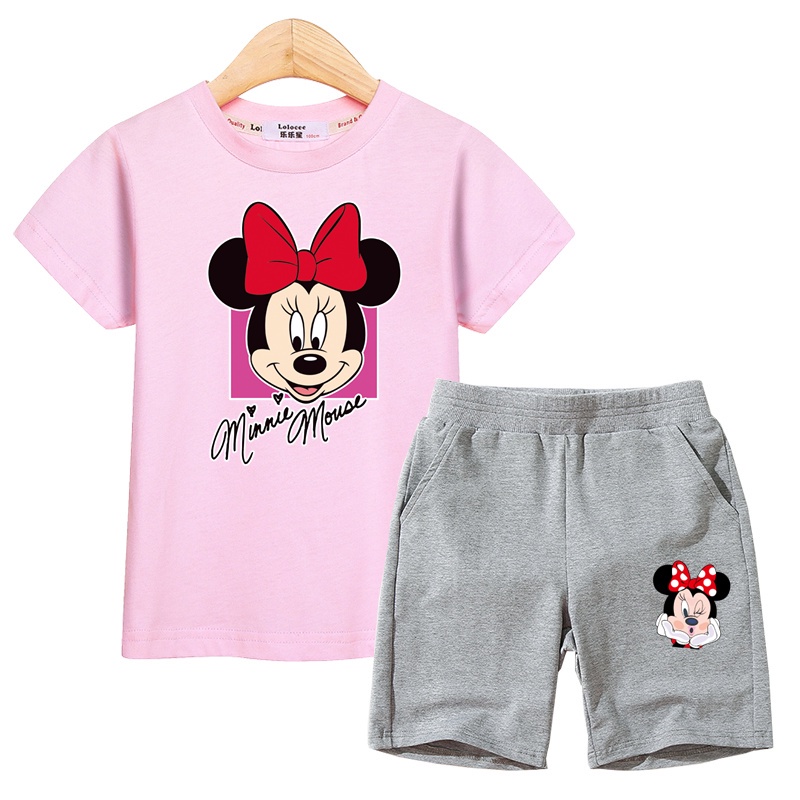 Bộ Áo Thun In Hình Chuột Minnie + Quần Short Dành Cho Bé Gái
