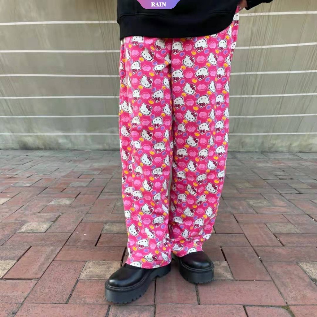 Quần Ống Rộng Lưng Cao Họa Tiết Hoạt Hình Sanrio Hello Kitty Dễ Thương Dành Cho Nữ [RAIN]