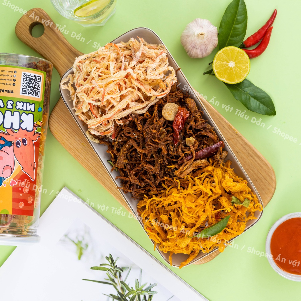 Khô gà mix Khô mực, heo Tiểu Dần, 3 vị trong 1 hộp hũ lớn 280g, đồ ăn vặt vừa ngon vừa rẻ | BigBuy360 - bigbuy360.vn