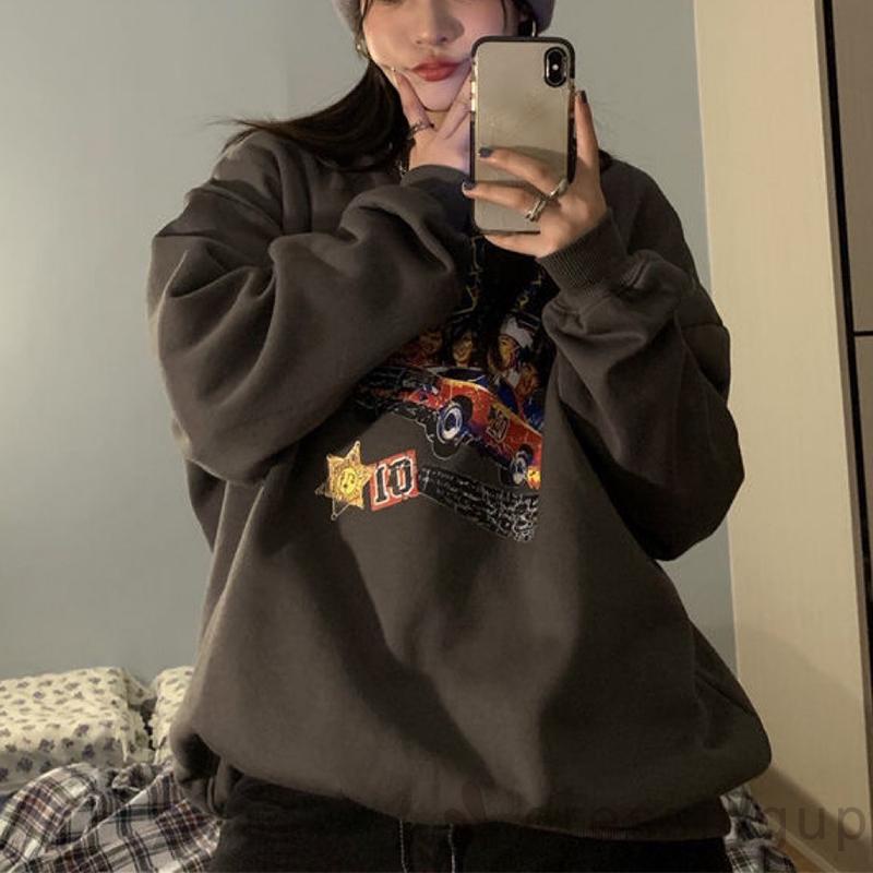 Áo nỉ tay dài cổ tròn dáng rộng in họa tiết hoạt hình thời trang cho nữ