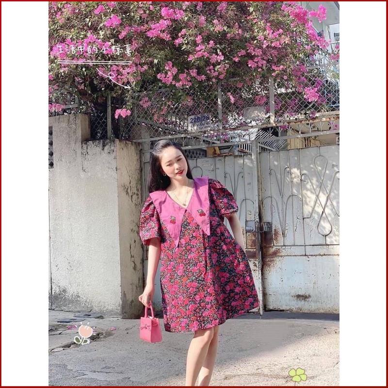 Đầm Suông Dáng Rộng COBI Đầm hoa suông rộng phối cổ vạt nhọn thêu trái cherry tay phồng Bầu Bì Bon Chen Dưới 65kg | BigBuy360 - bigbuy360.vn