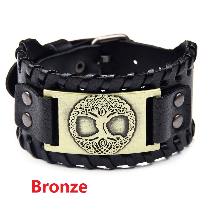 Vòng Tay Da Mặt Kim Loại Hình Cây Đời Viking Phong Cách Hip Hop Dành Cho Nam